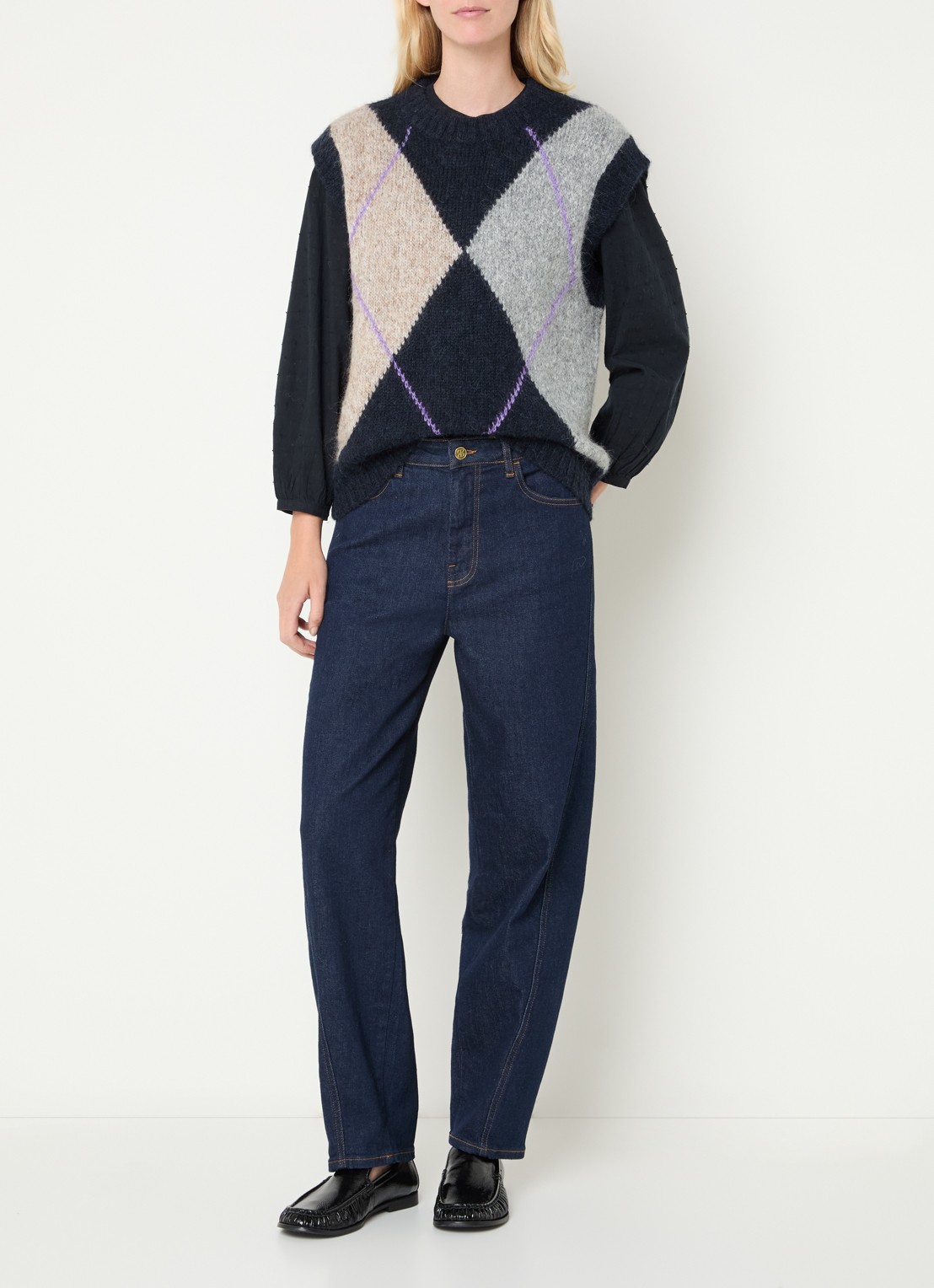 Mos Mosh MMJennine grofgebreide spencer in alpaca wolblend met ruitdessin - voorkant 2 donkerblauw