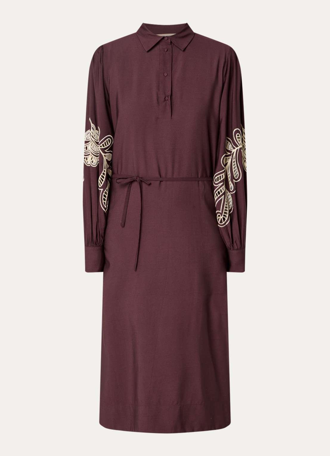 Mos Mosh MMJiza Jorda midi tuniekjurk met opengewerkt detail - voorkant aubergine