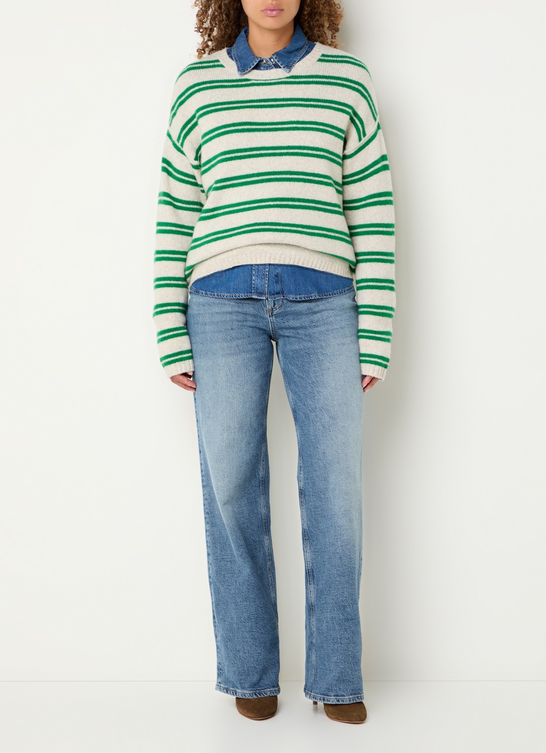 Mos Mosh MMKai grofgebreide pullover in wolblend met streepprint - voorkant 3 groen