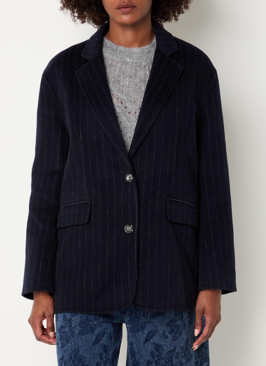 Mos Mosh MMKarita blazer met streepprint en klepzakken - detail donkerblauw