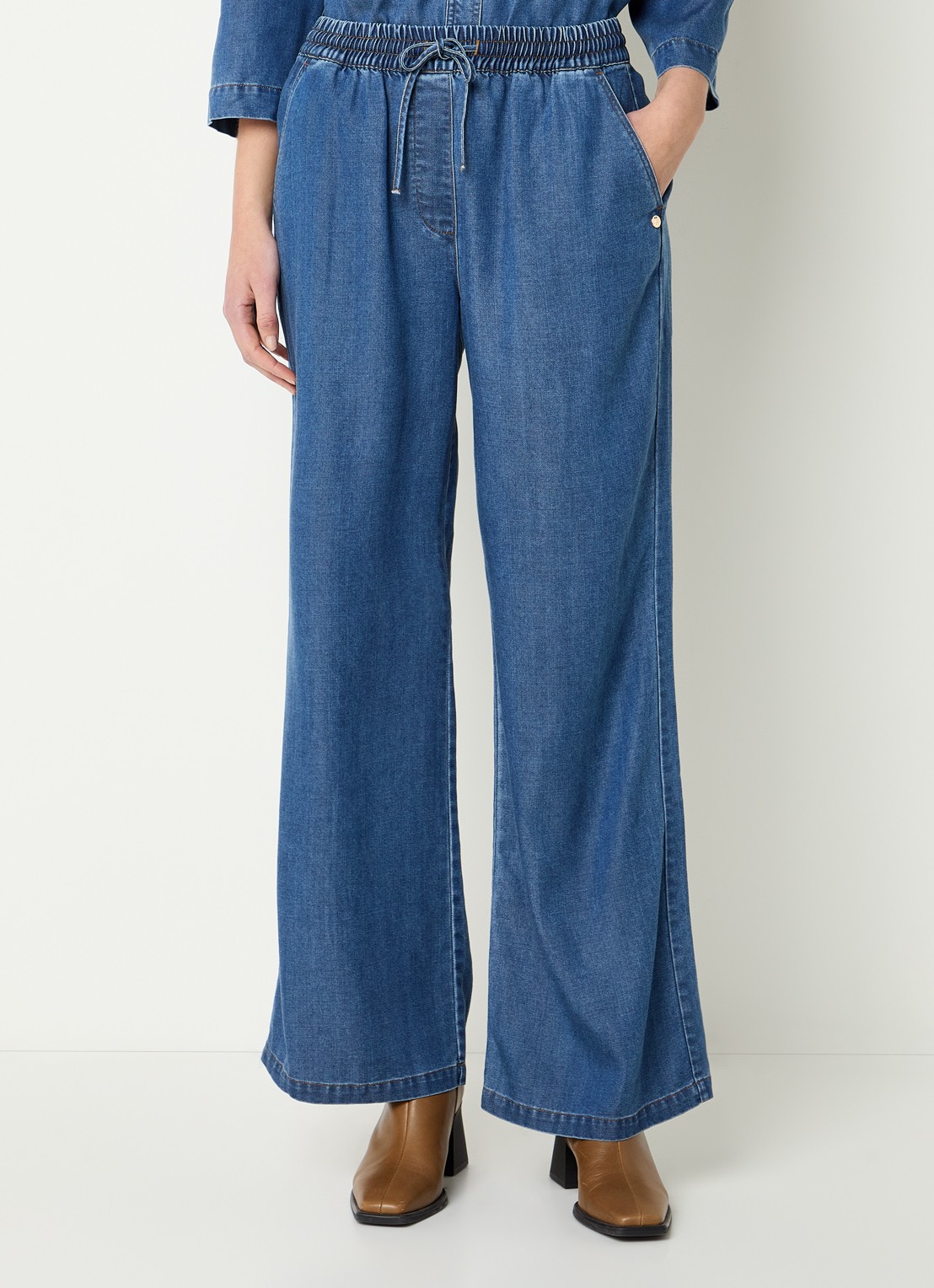 Mos Mosh MMKris Lich high waist straight fit pantalon van chambray met steekzakken - detail indigo