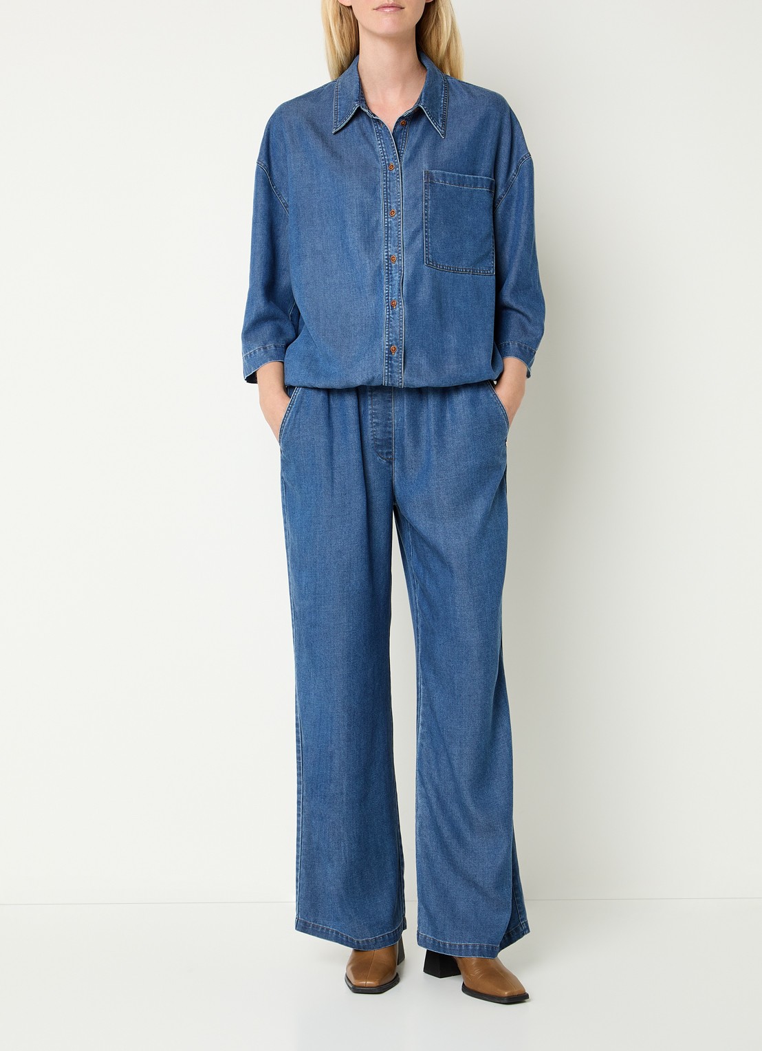 Mos Mosh MMKris Lich high waist straight fit pantalon van chambray met steekzakken - voorkant 4 indigo
