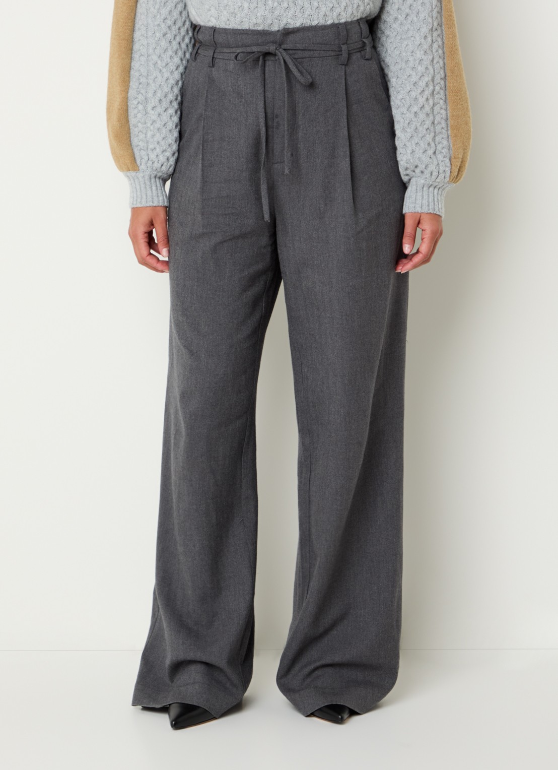 Mos Mosh MMLeslei Monrose high waist wide leg pantalon in kasjmierblend - detail 2 grijsmele