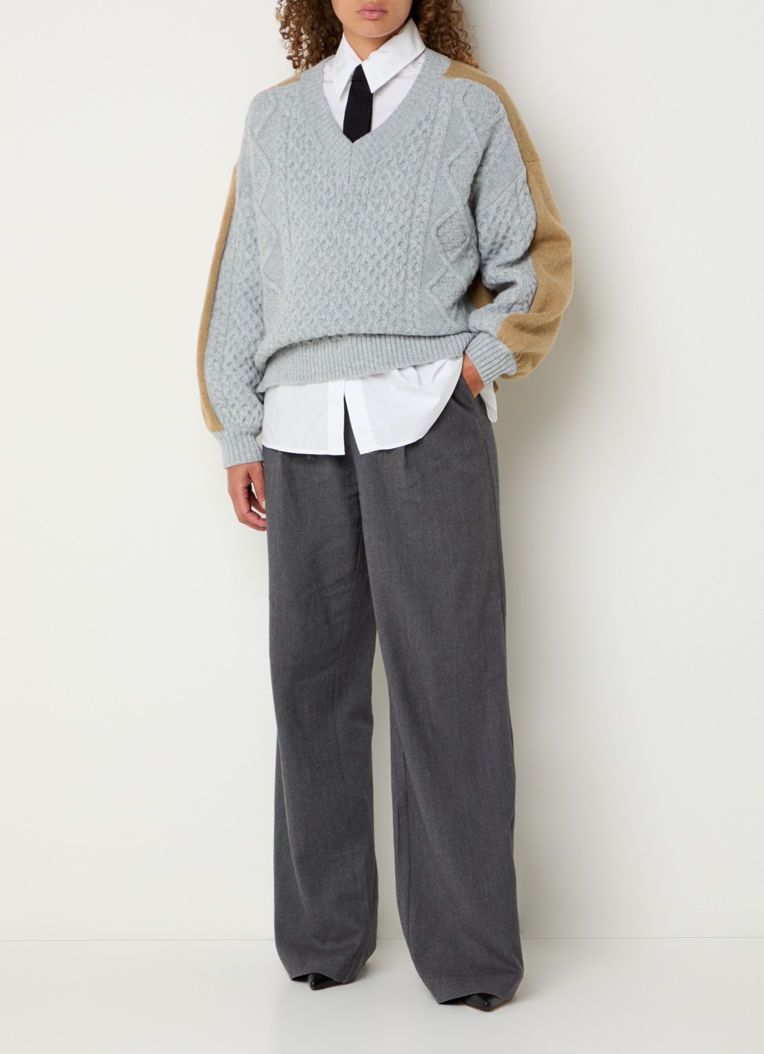 Mos Mosh MMLeslei Monrose high waist wide leg pantalon in kasjmierblend - voorkant 4 grijsmele