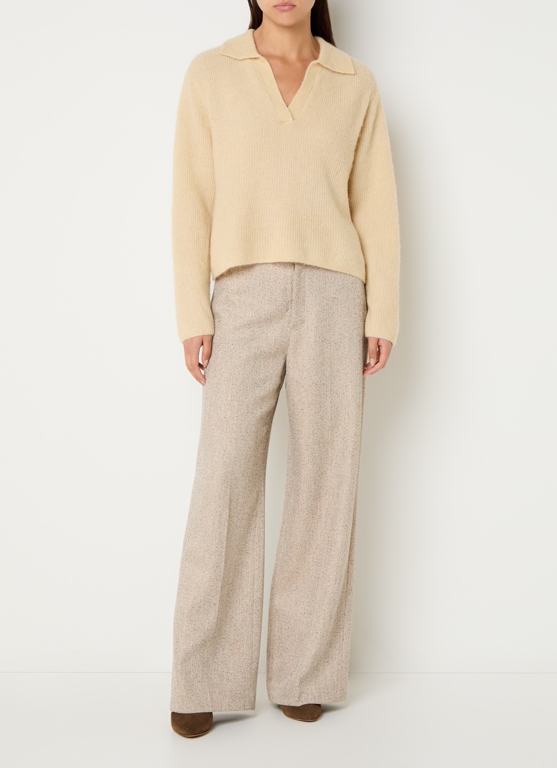Mos Mosh MMLeya high waist wide fit pantalon met gemêleerd dessin - voorkant 3 beige