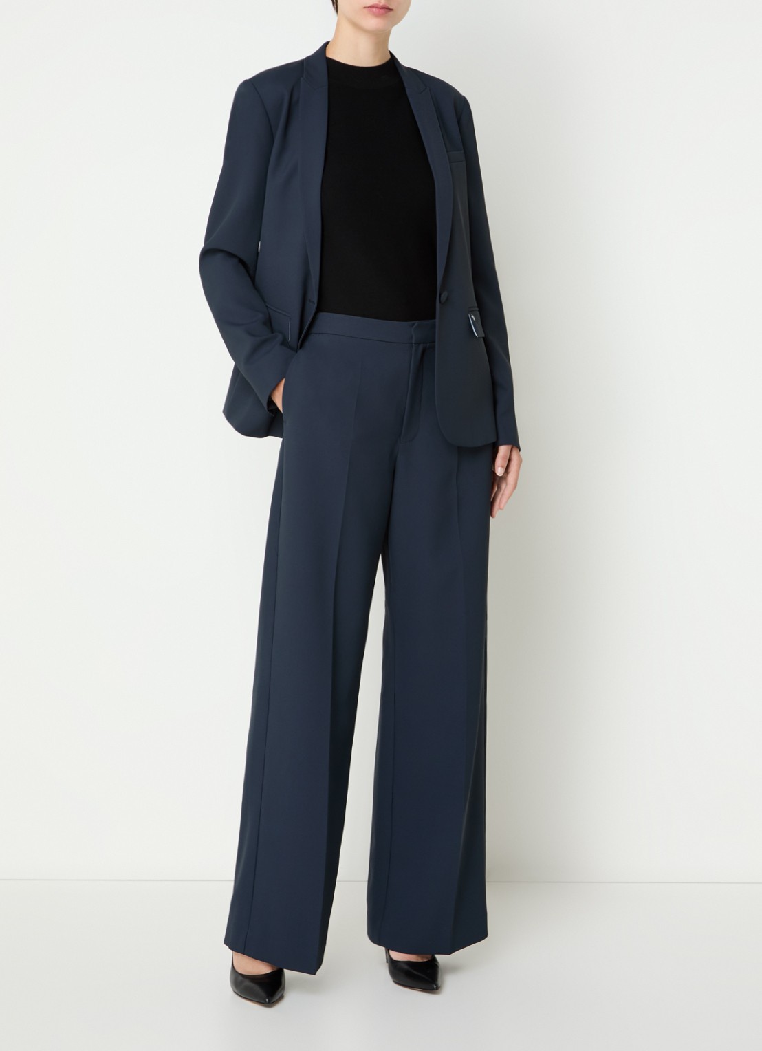 Mos Mosh MMLeya Miley high waist wide fit pantalon met steekzakken - voorkant 3 donkerblauw