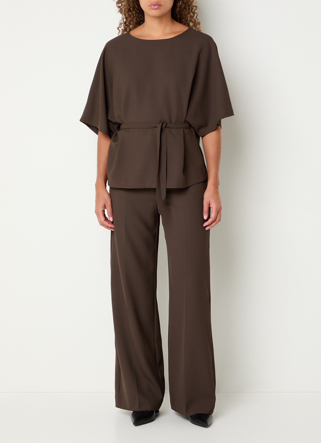 Mos Mosh MMLeya Miley high waist wide fit pantalon met steekzakken - voorkant 2 donkerbruin