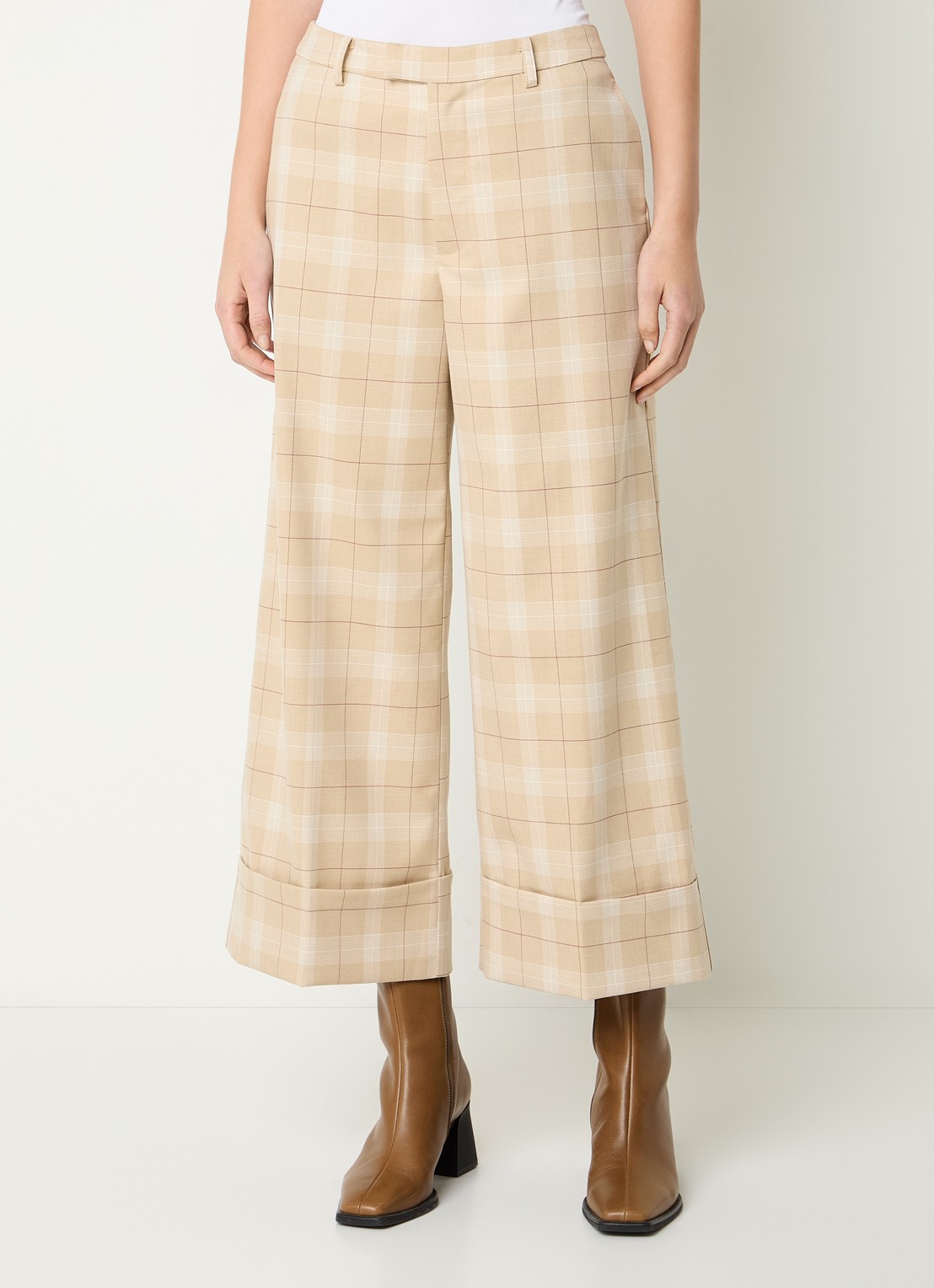 Mos Mosh MMLeyla Chelsea high waist wide fit cropped pantalon met ruitdessin - detail 4 beige