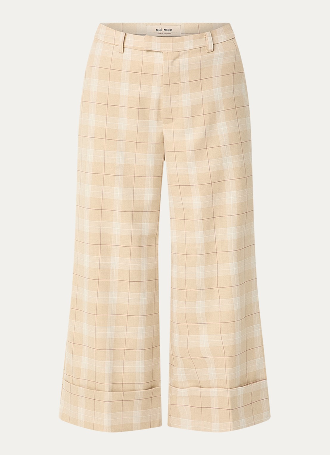 Mos Mosh MMLeyla Chelsea high waist wide fit cropped pantalon met ruitdessin - voorkant 2 beige