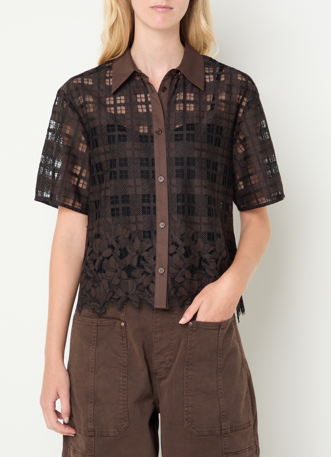 Mos Mosh MMLia River blouse met ruitdessin en details van kant - detail bruin