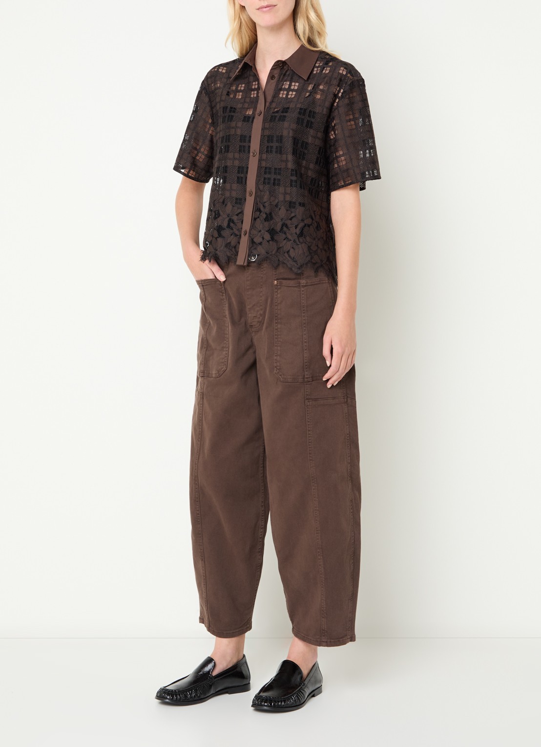 Mos Mosh MMLia River blouse met ruitdessin en details van kant - voorkant 4 bruin