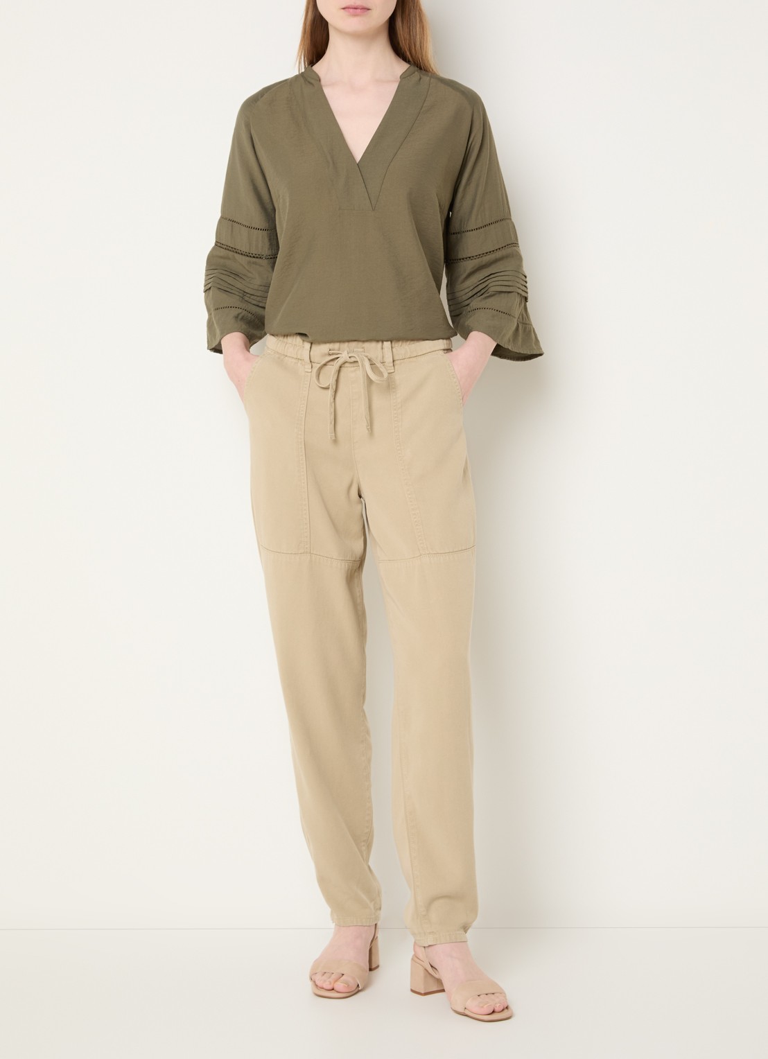 Mos Mosh MMMaison high waist tapered fit broek met steekzakken - voorkant 3 beige