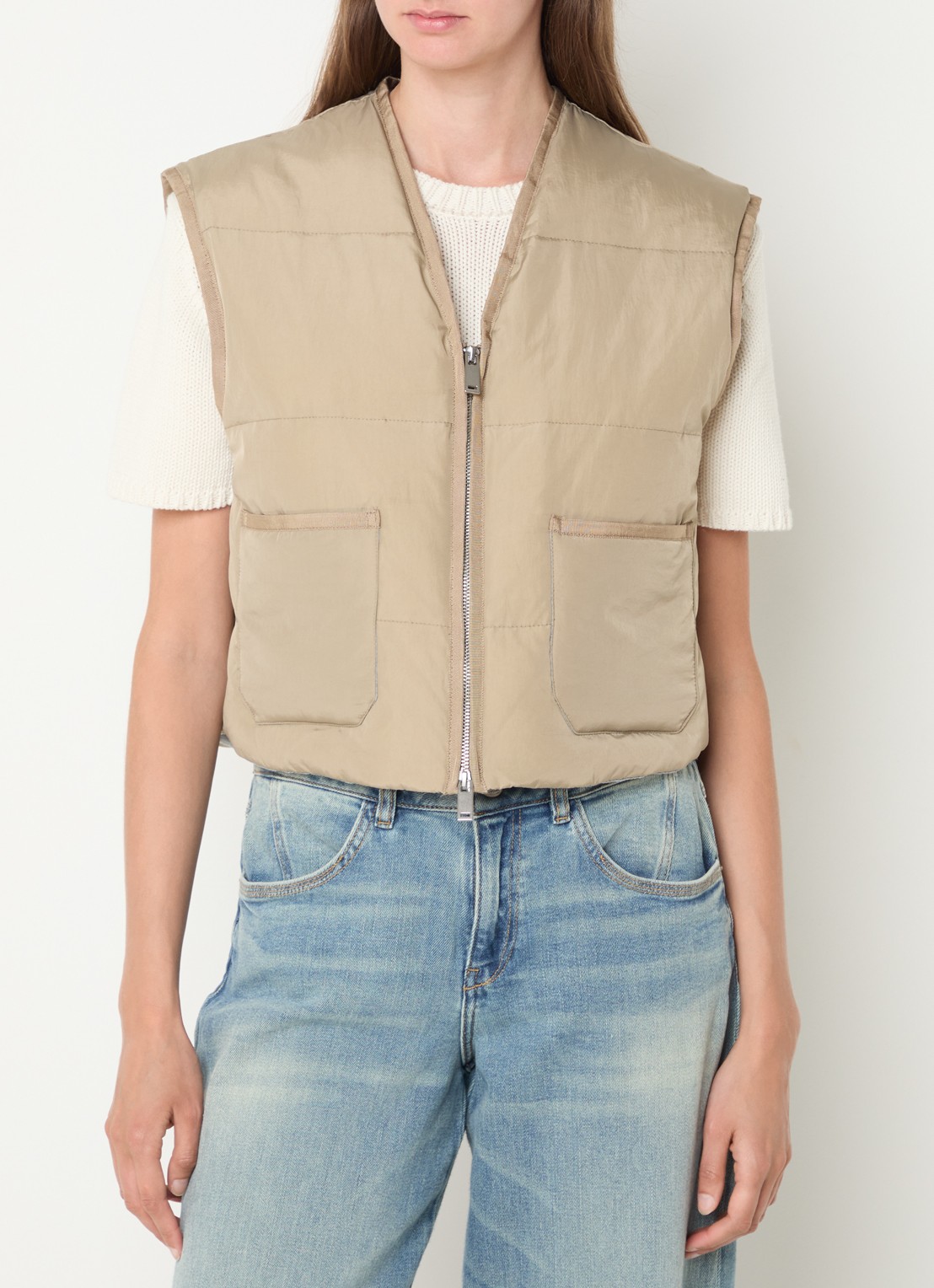 Mos Mosh MMManja gewatteerde bodywarmer met opgestikte zakken - detail donkerbeige