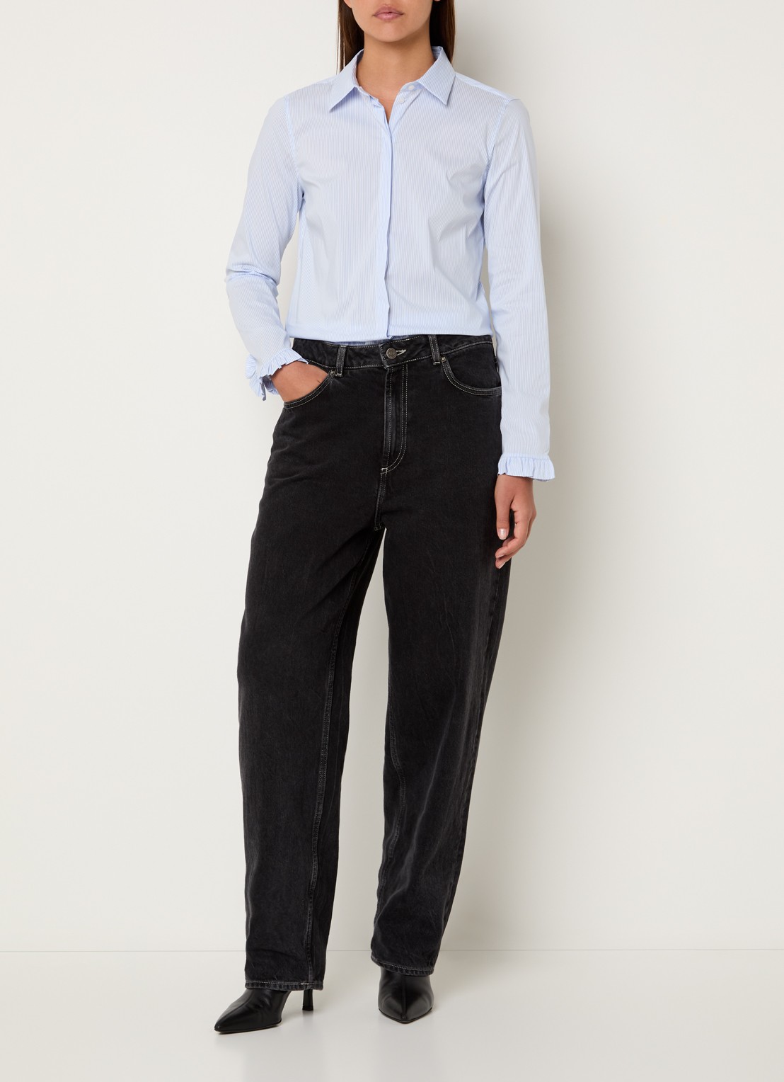 Mos Mosh MMMattie blouse met streepprint - voorkant 2 lichtblauw