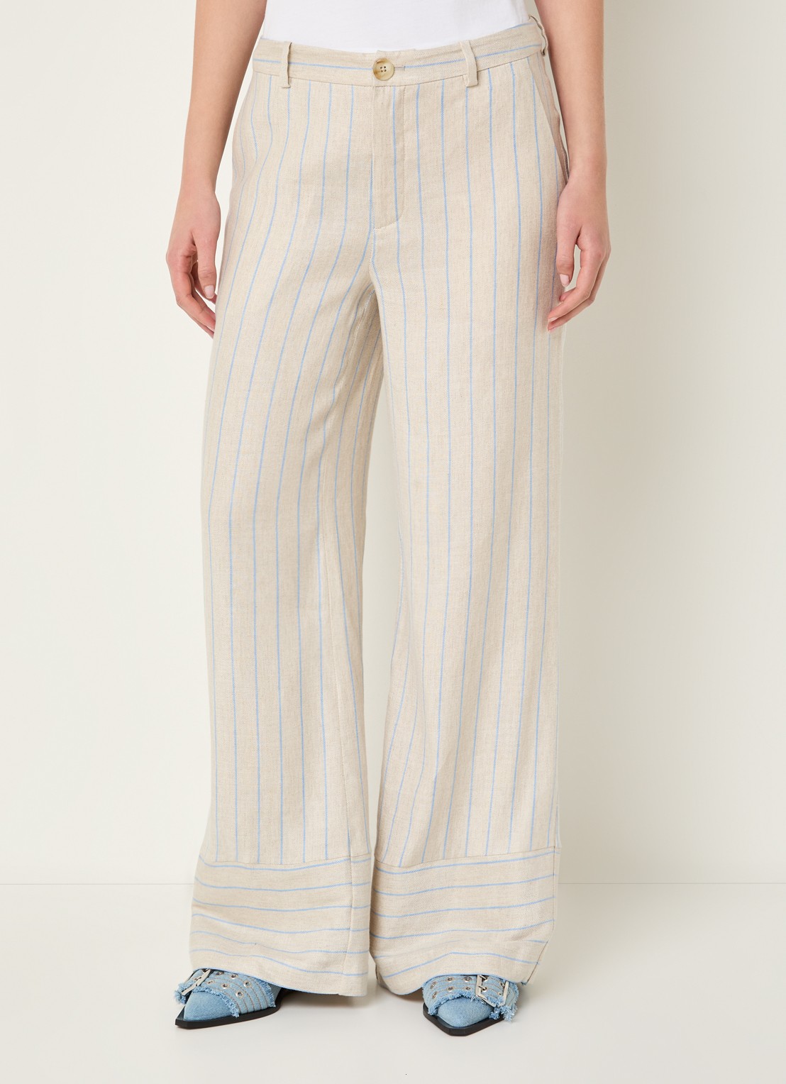 Mos Mosh MMMedina Miriam high waist wide fit pantalon in linnenblend met streepprint - detail 4 lichtblauw