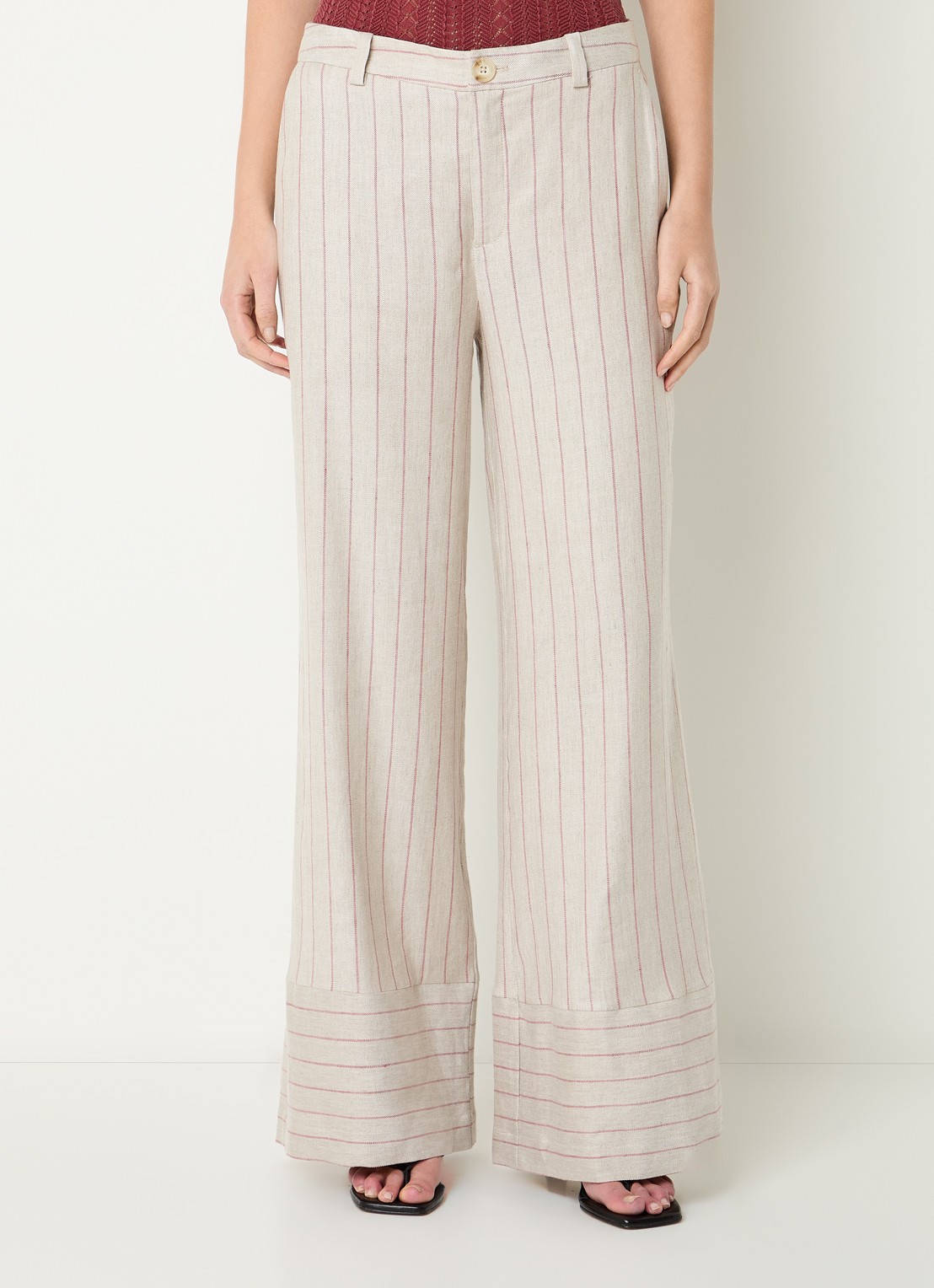 Mos Mosh MMMedina Miriam high waist wide fit pantalon in linnenblend met streepprint - detail 2 steenrood