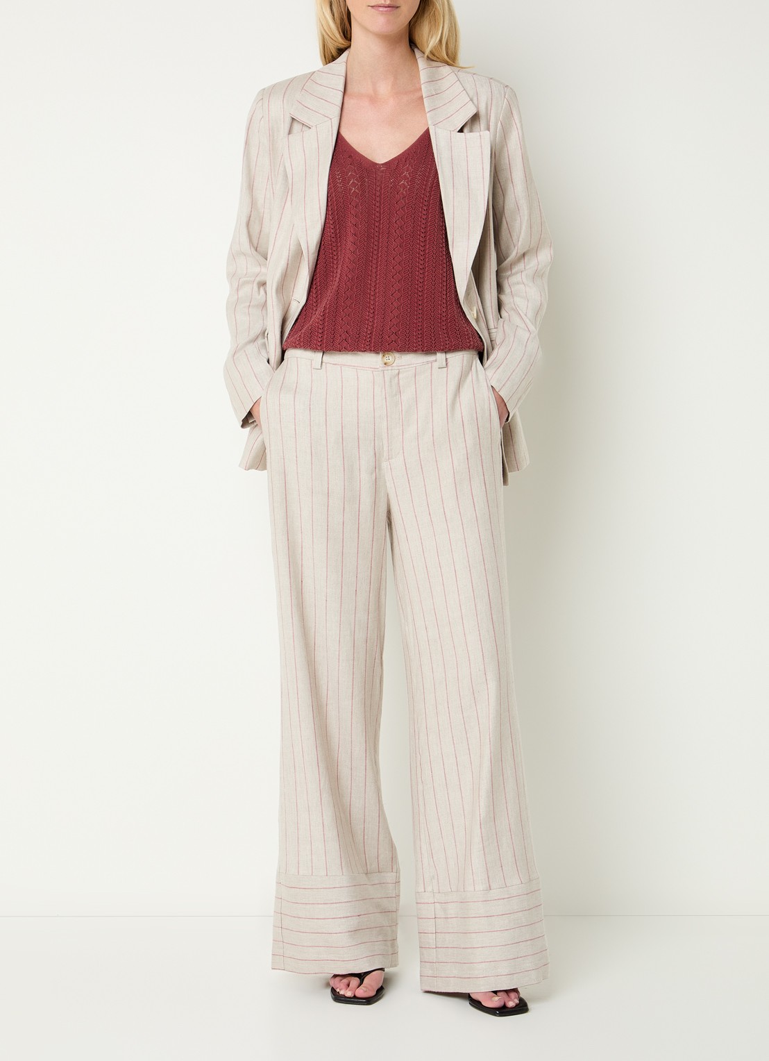 Mos Mosh MMMedina Miriam high waist wide fit pantalon in linnenblend met streepprint - voorkant 4 steenrood
