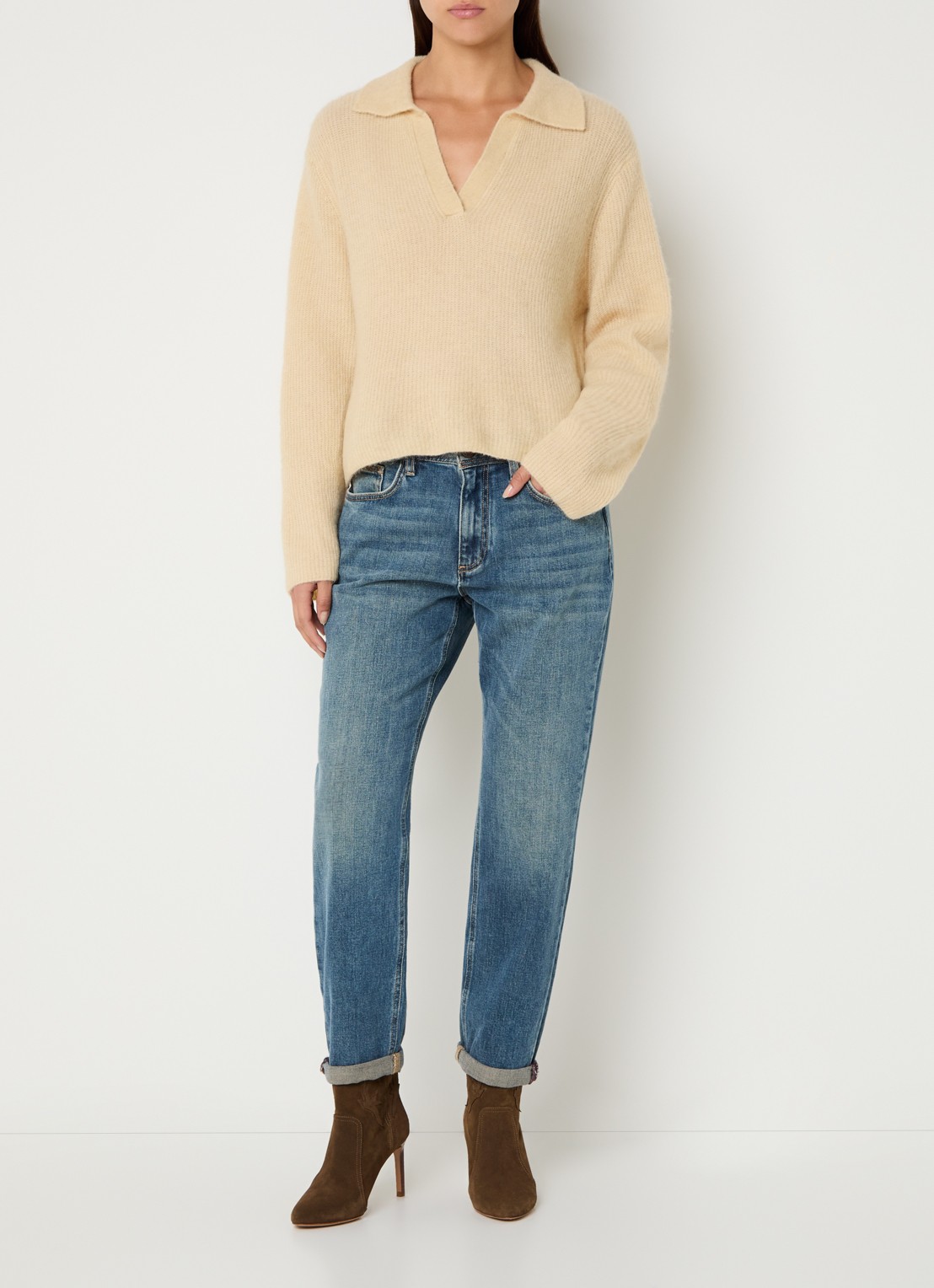 Mos Mosh MMMelly high waist tapered fit cropped jeans met medium wassing  - voorkant 5 indigo
