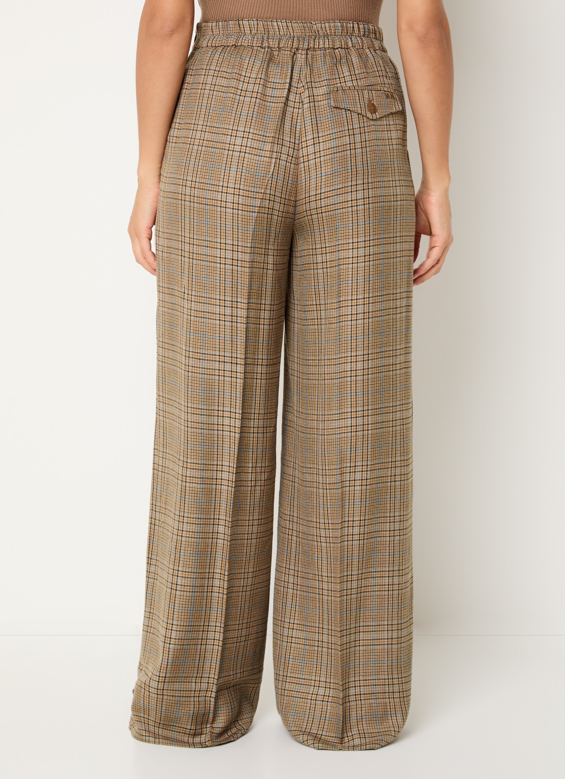 Mos Mosh MMMie Kalif high waist wide fit pantalon in wolblend met ruitdessin - achterkant 2 khaki