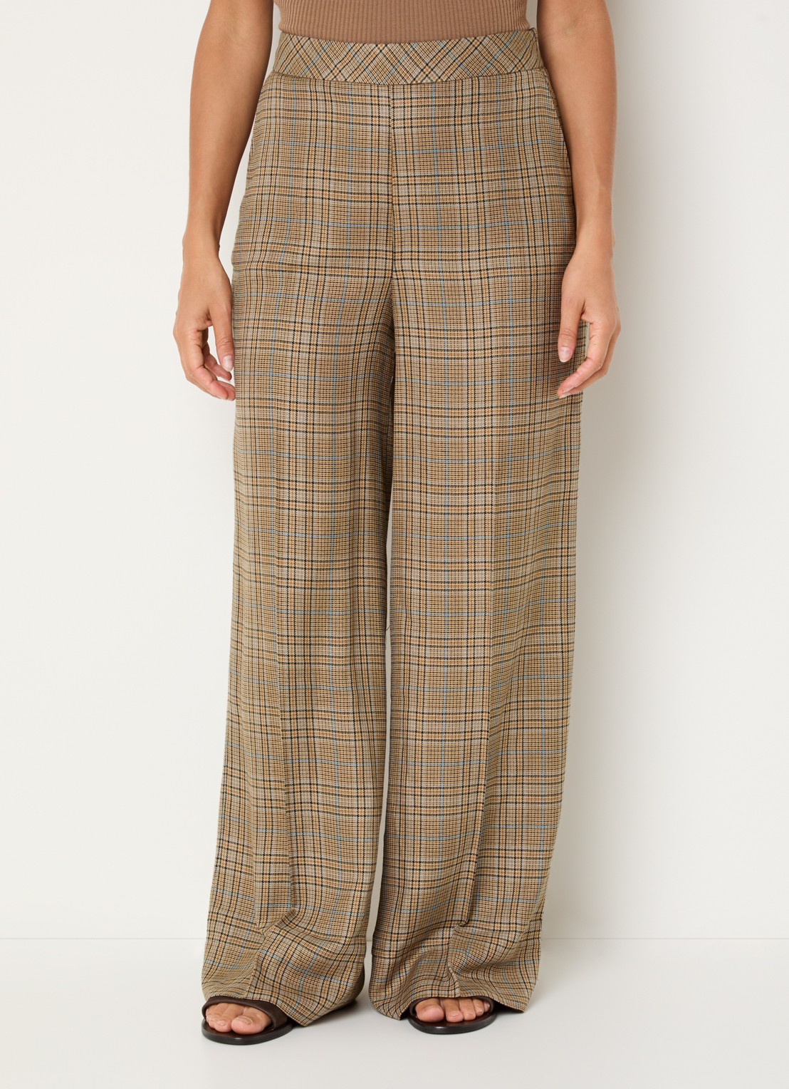 Mos Mosh MMMie Kalif high waist wide fit pantalon in wolblend met ruitdessin - detail khaki