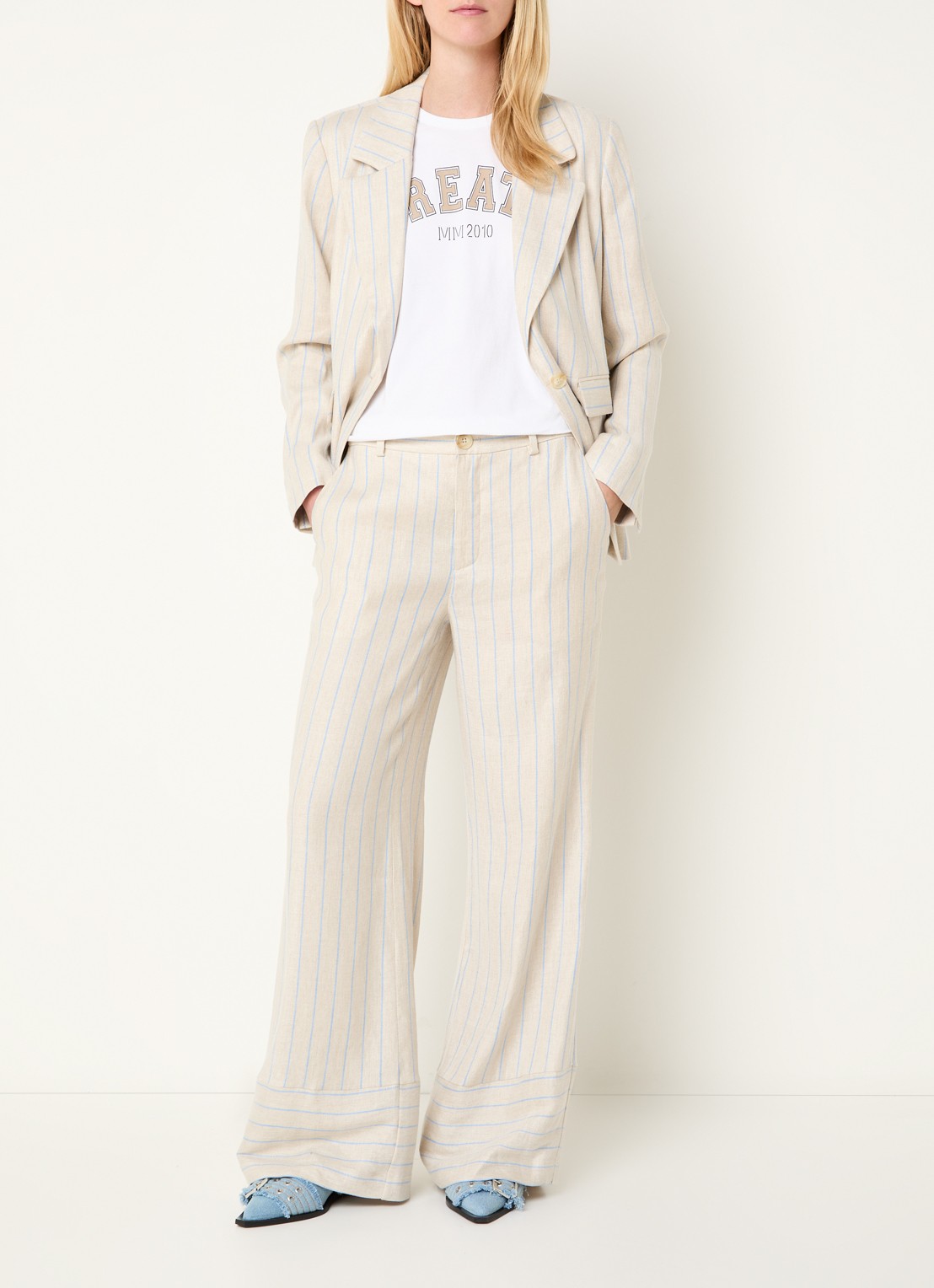 Mos Mosh MMNancy Miriam blazer in linnenblend met streepprint - voorkant 2 beige