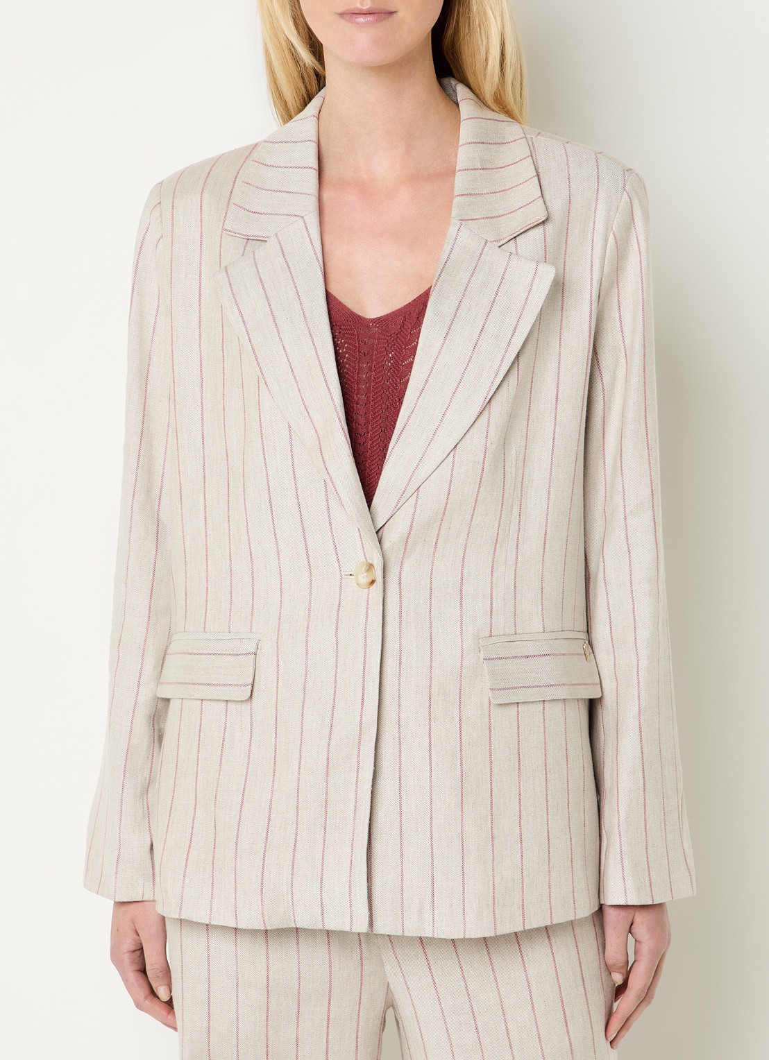 Mos Mosh MMNancy Miriam blazer in linnenblend met streepprint - detail 4 steenrood