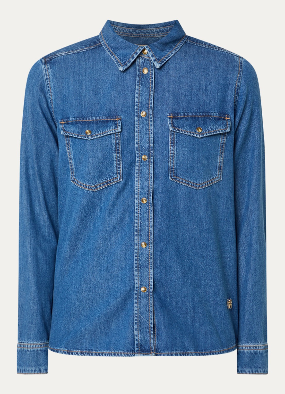 Mos Mosh MMNatalie blouse van chambray met borstzakken - voorkant 2 blauw
