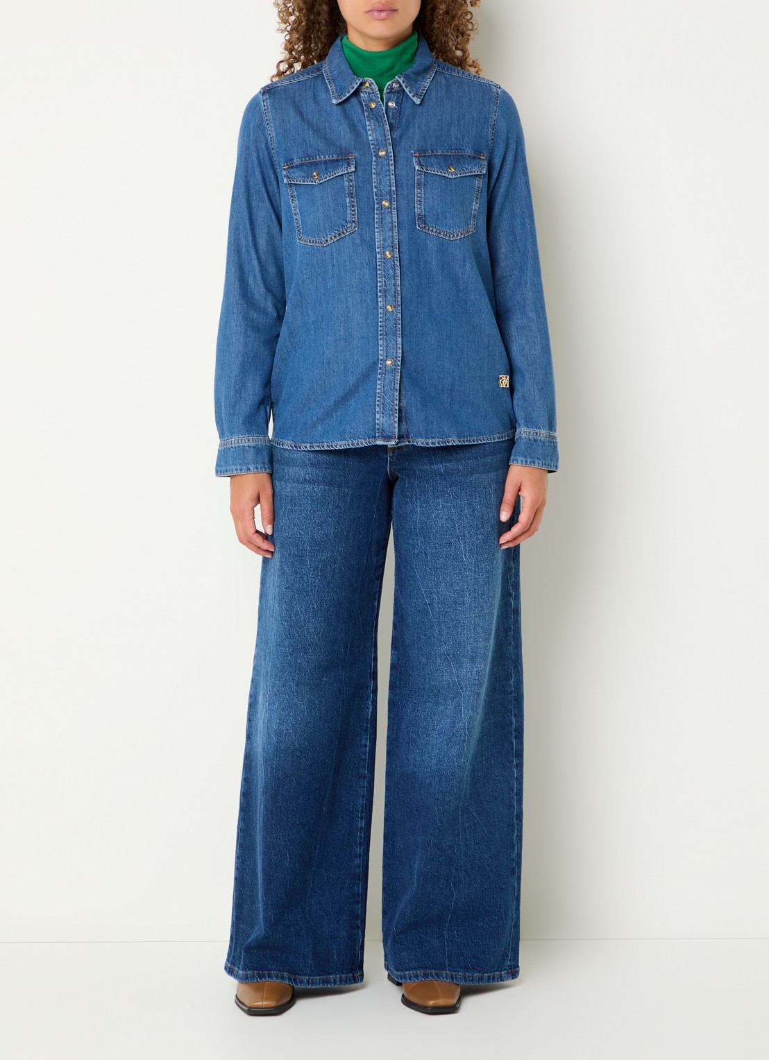 Mos Mosh MMNatalie blouse van chambray met borstzakken - voorkant 3 blauw