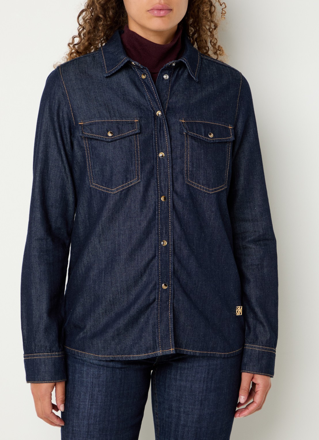 Mos Mosh MMNatalie blouse van chambray met borstzakken - detail donkerblauw