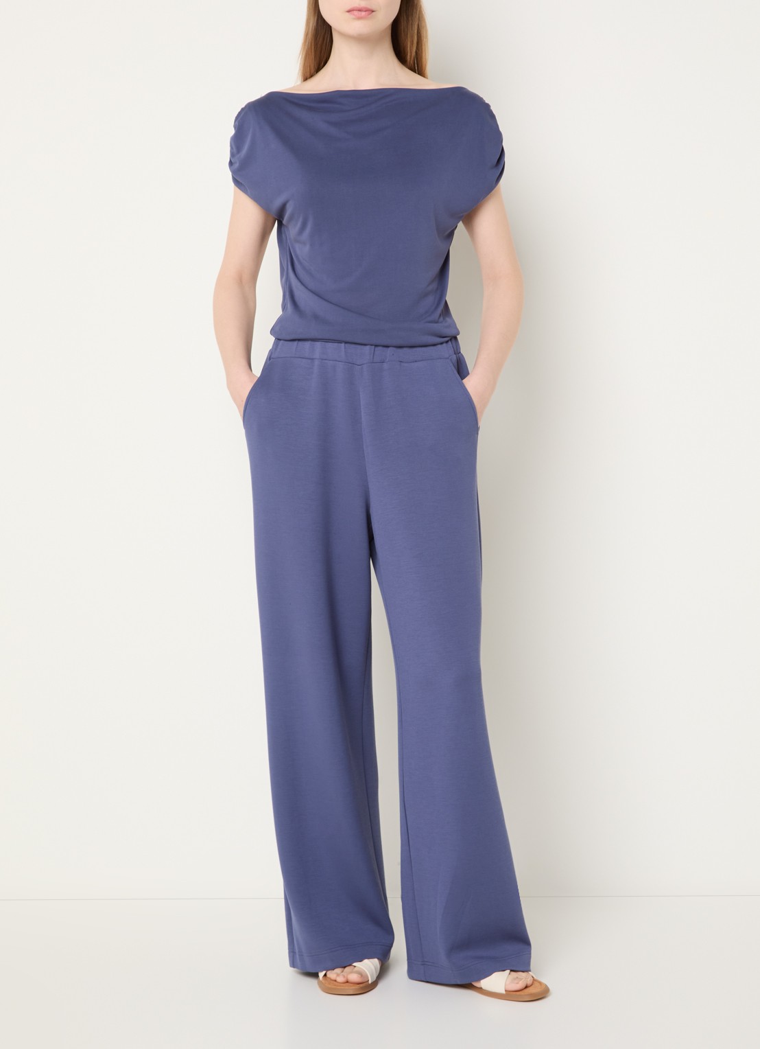Mos Mosh MMNima high waist wide fit joggingbroek met steekzakken - voorkant 4 staalblauw