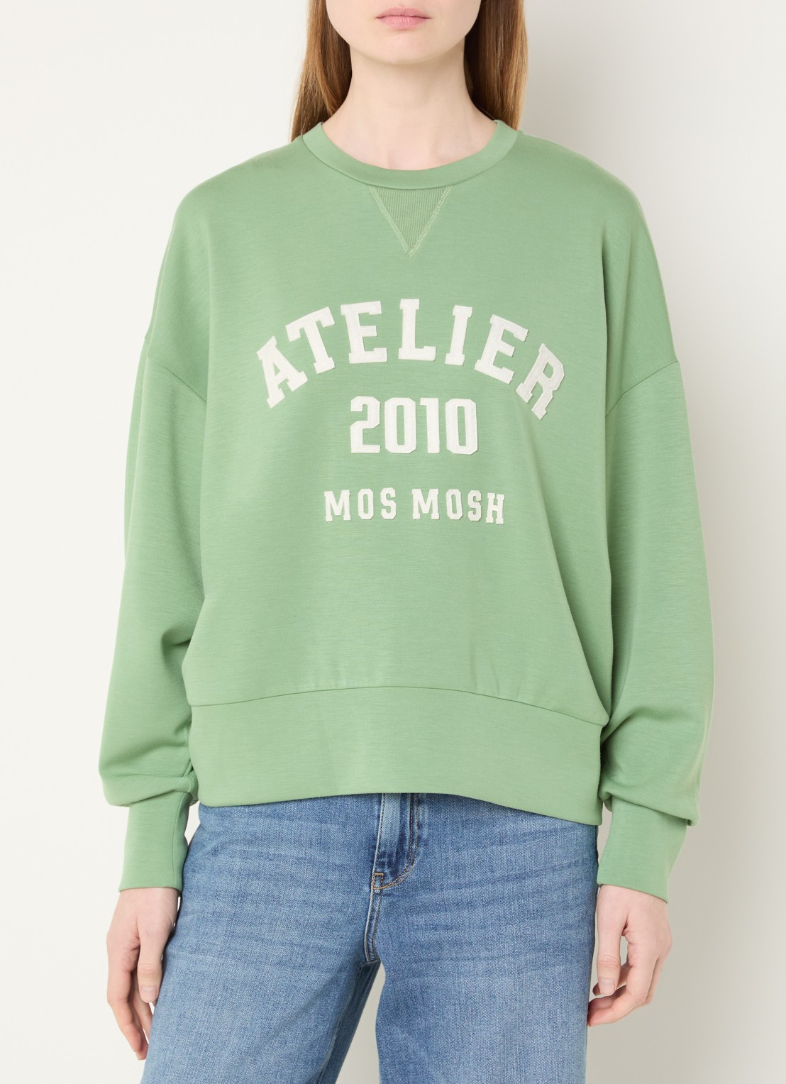 Mos Mosh MMNina sweater met flock logoprint - detail 4 groen