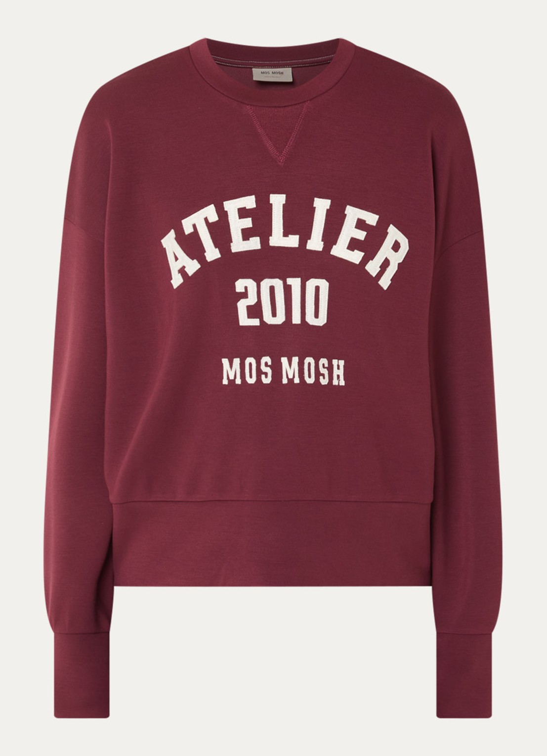 Mos Mosh MMNina sweater met flock logoprint - voorkant 3 bordeauxrood