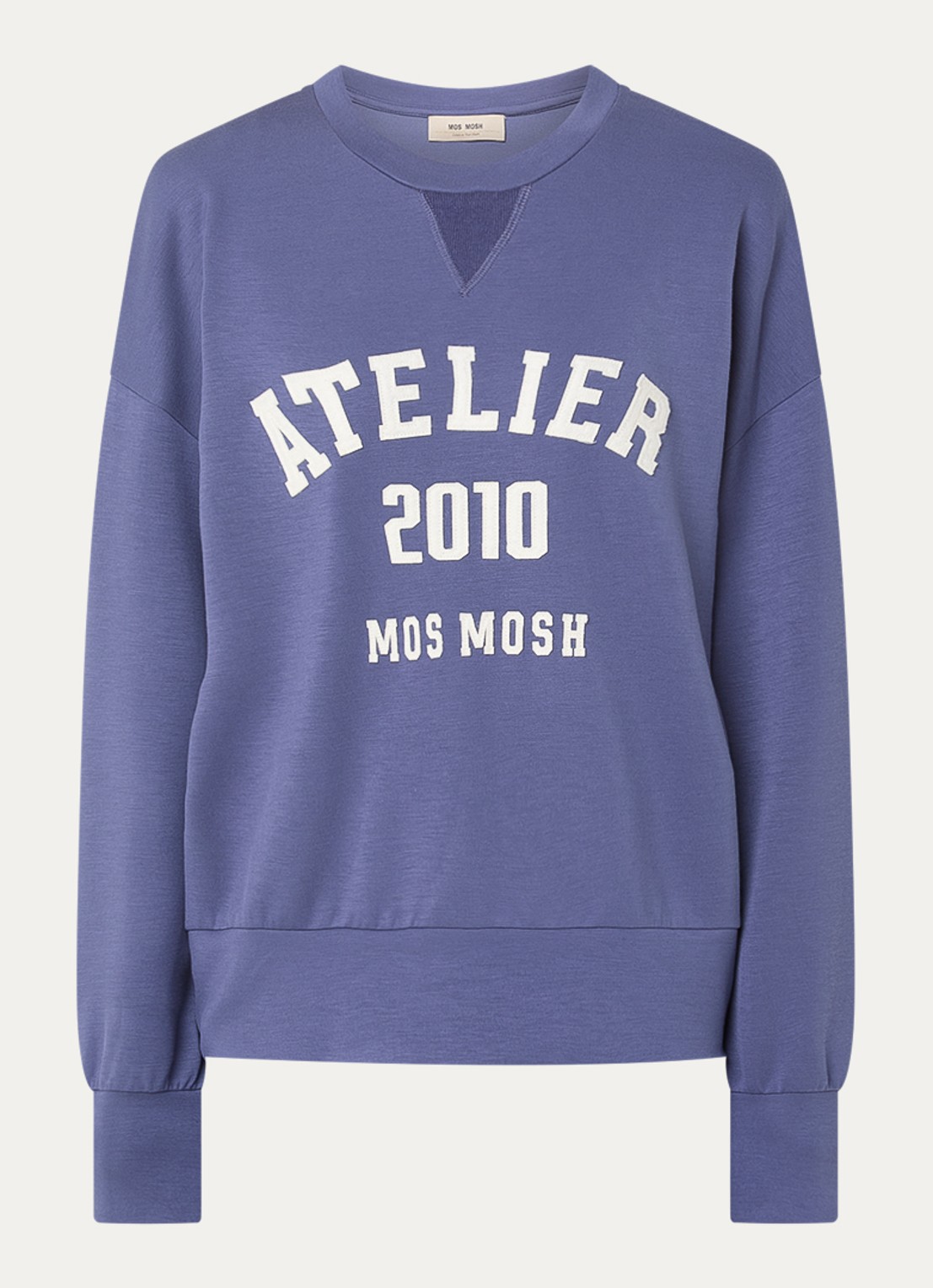 Mos Mosh MMNina sweater met logoborduring - voorkant staalblauw
