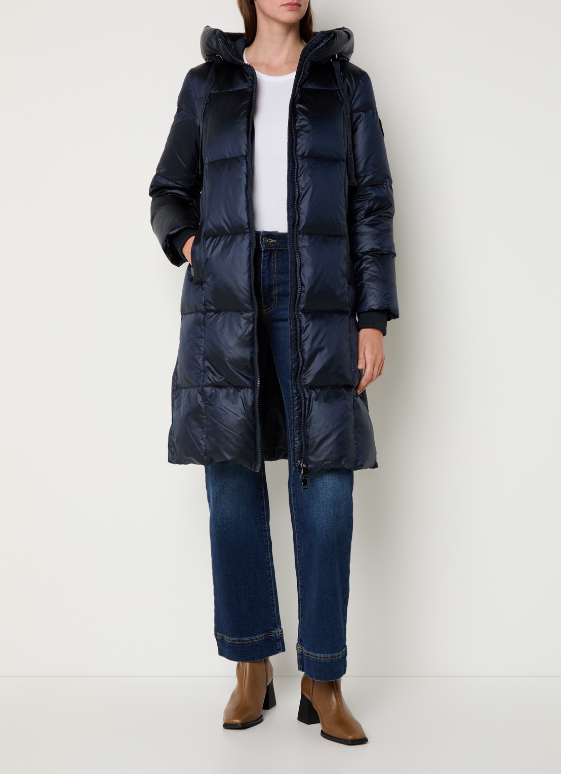 Mos Mosh MMNova longline puffer jas met steekzakken - voorkant 3 donkerblauw