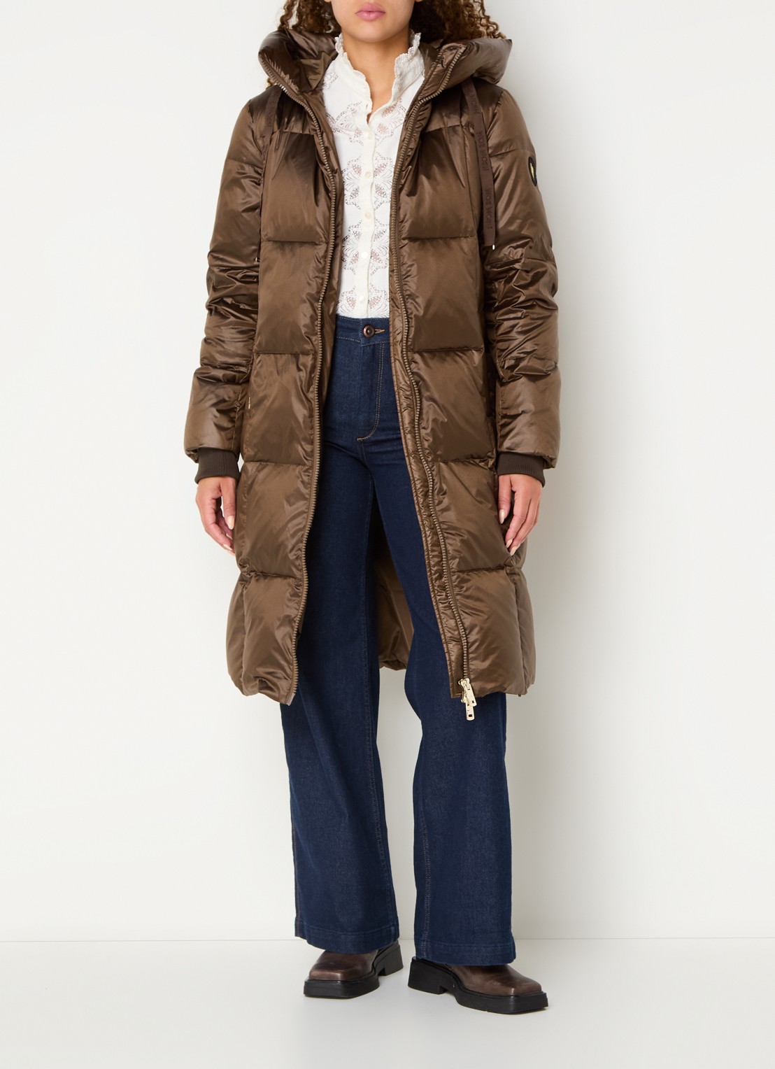 Mos Mosh MMNova longline puffer jas met steekzakken - voorkant 3 bruin