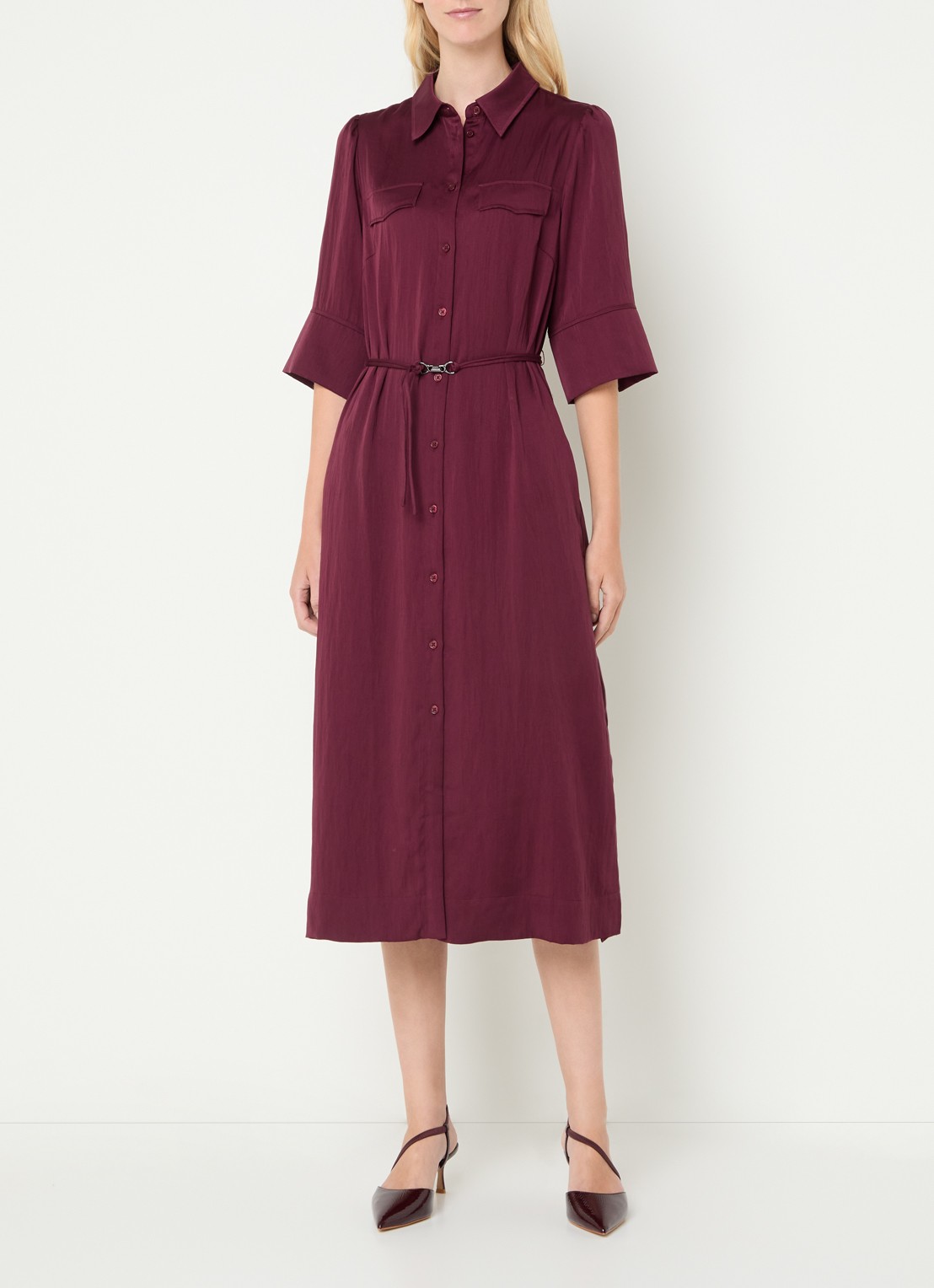Mos Mosh MMRaya Annie midi blousejurk met ceintuur - detail bordeauxrood