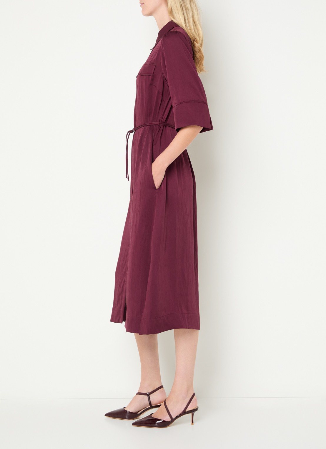 Mos Mosh MMRaya Annie midi blousejurk met ceintuur - voorkant 4 bordeauxrood