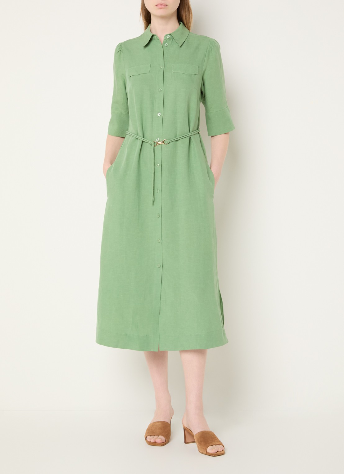 Mos Mosh MMRayas Alexis midi blousejurk in linnenblend - detail 4 groen
