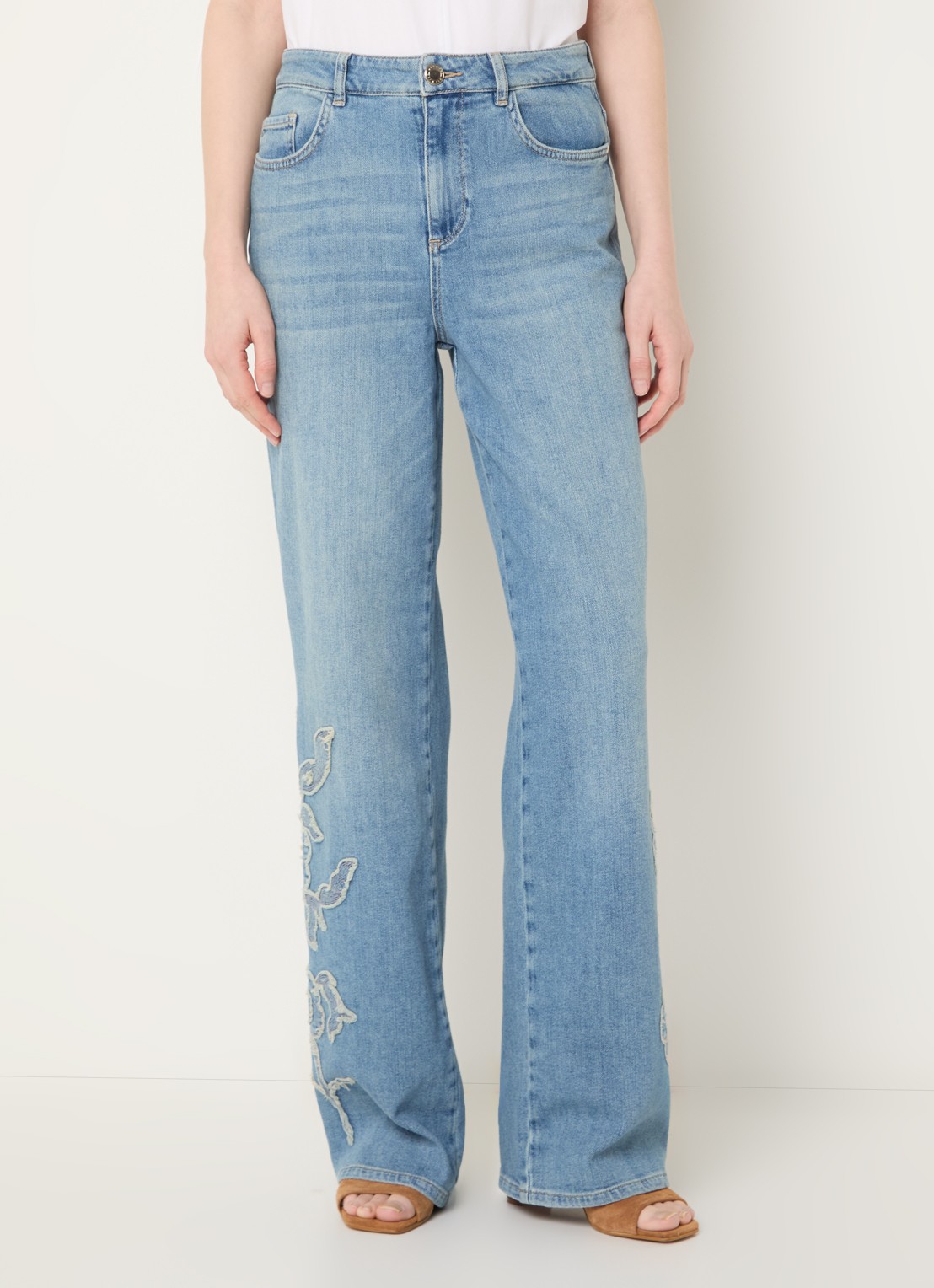 Mos Mosh MMRelee high waist straight leg jeans met bloemborduring - detail indigo