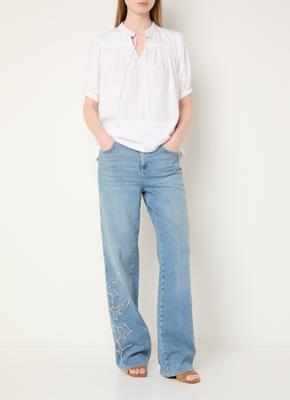 Mos Mosh MMRelee high waist straight leg jeans met bloemborduring - voorkant 4 indigo