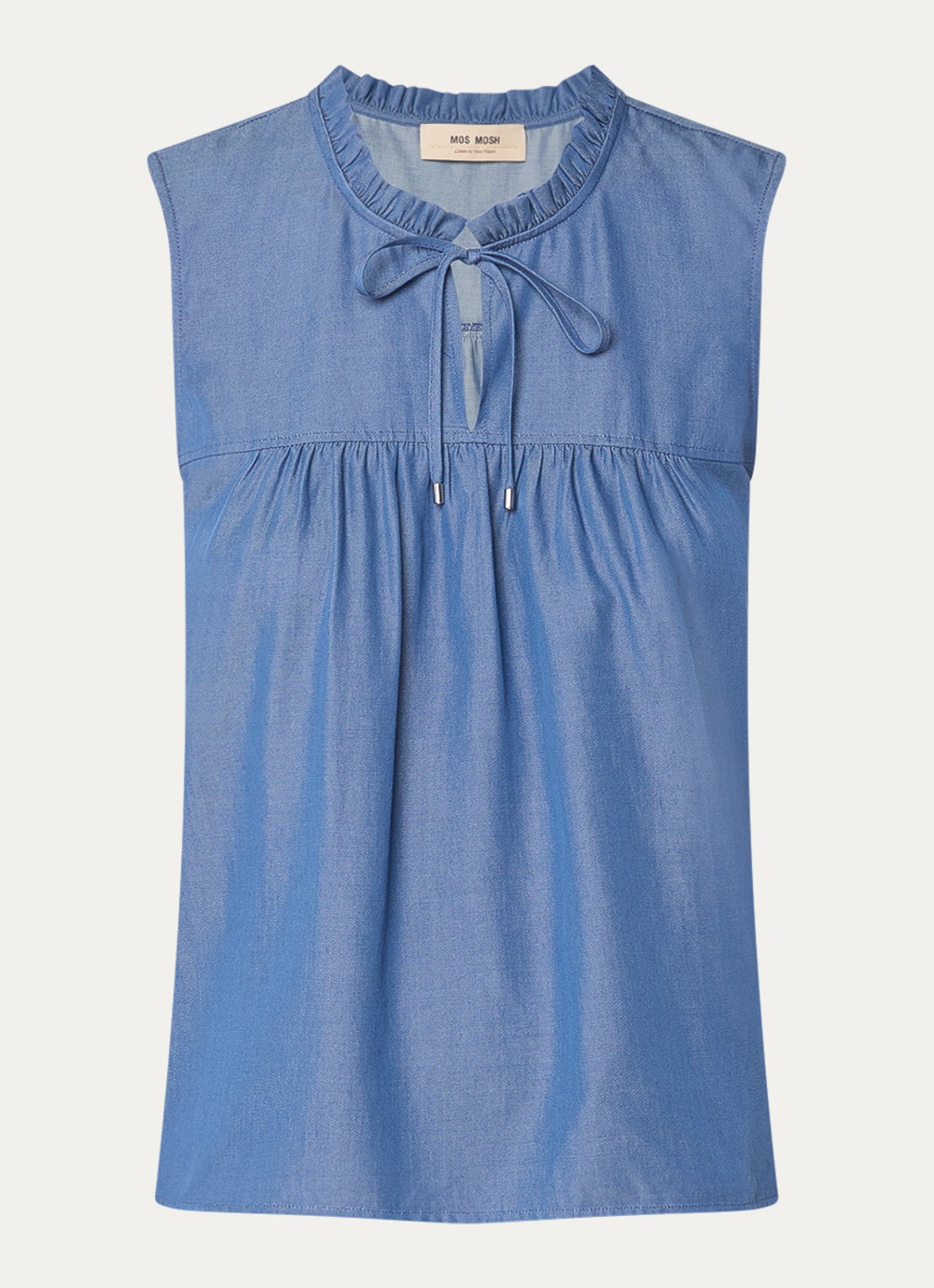 Mos Mosh MMSolandra mouwloze top van chambray met ruches - voorkant blauw