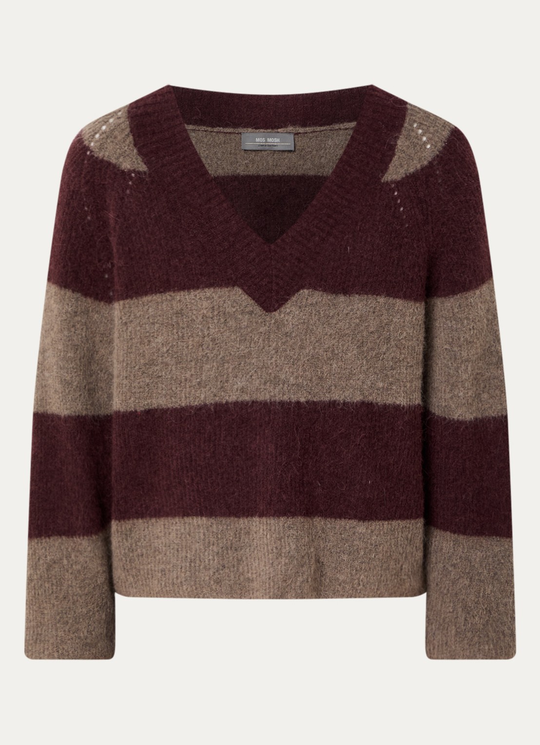 Mos Mosh MMTaci grofgebreide trui in alpaca wolblend met streepprint - voorkant 2 bordeauxrood