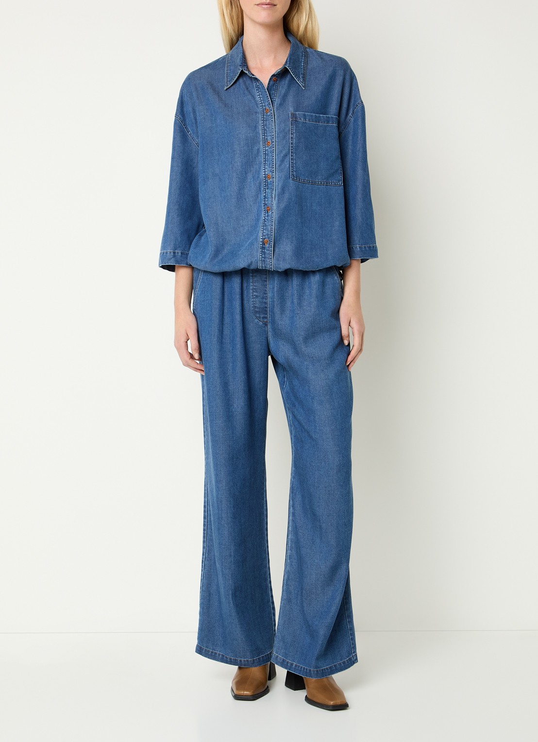 Mos Mosh MMTessa Lich blouse van chambray met borstzak - voorkant 4 indigo