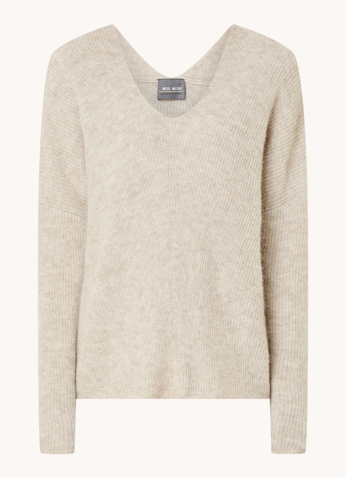 Mos Mosh MMThora fijngebreide pullover in alpaca wolblend met V-hals - voorkant 3 feather grey / donkerbeige