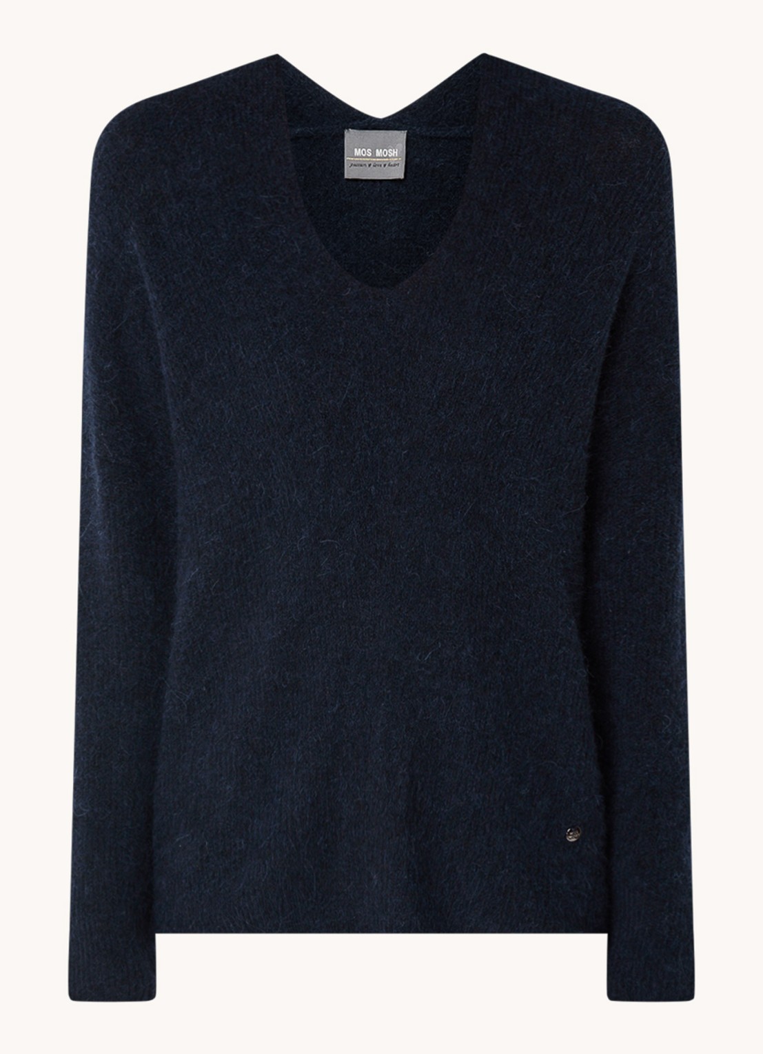 Mos Mosh MMThora fijngebreide pullover in alpaca wolblend met V-hals - voorkant 2 salute navy / donkerblauw