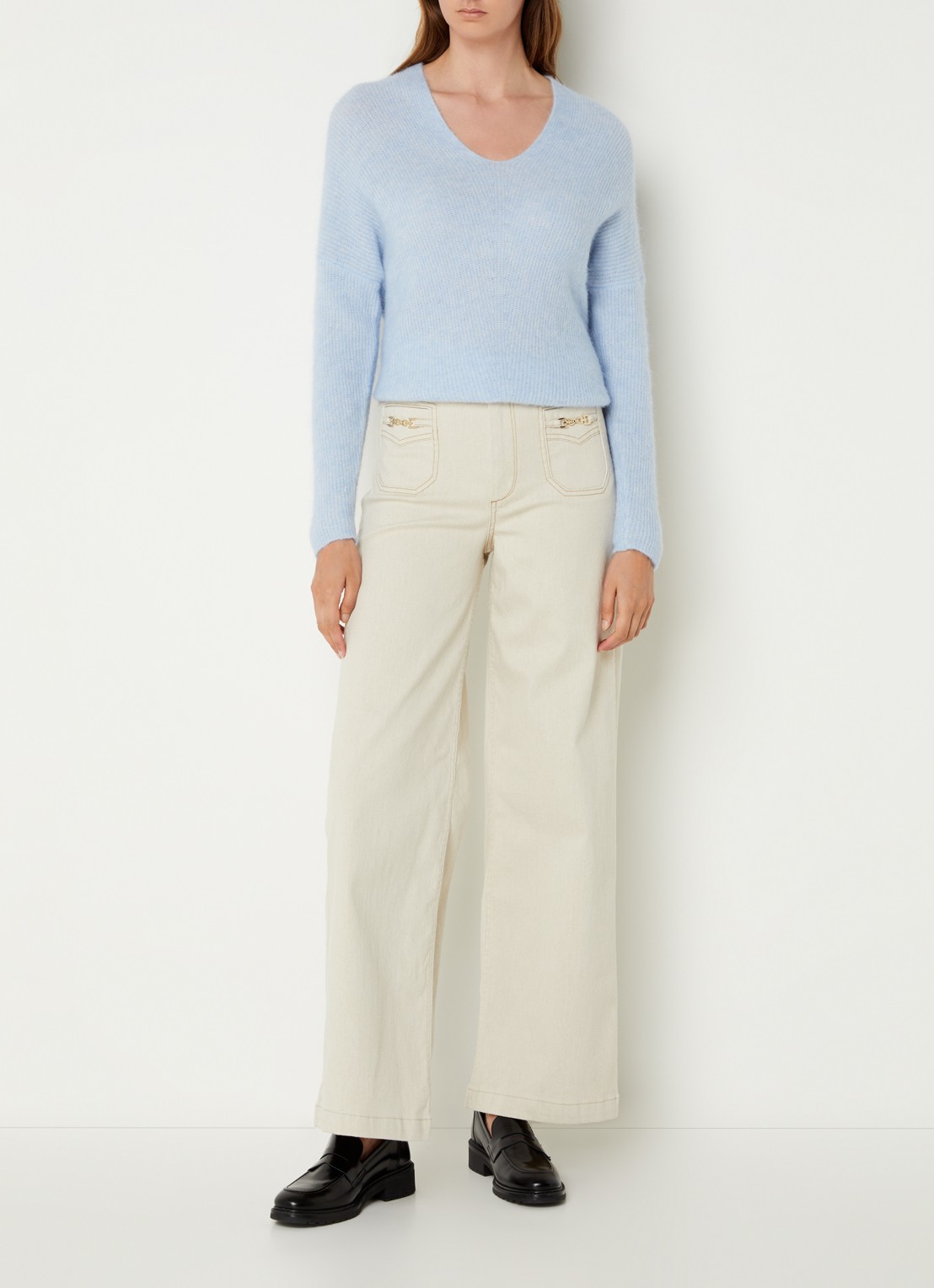 Mos Mosh MMThora fijngebreide pullover in alpaca wolblend met V-hals - voorkant 3 cashmere blue / kobaltblauw