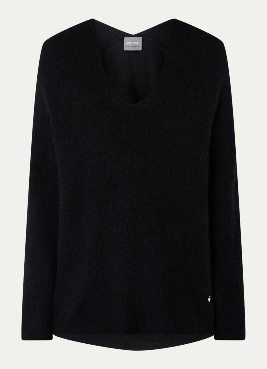 Mos Mosh MMThora fijngebreide pullover in alpaca wolblend met V-hals - voorkant 2 black / zwart