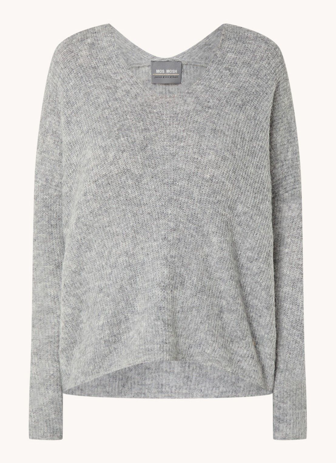 Mos Mosh MMThora fijngebreide pullover in alpaca wolblend met V-hals - voorkant grey melange / grijsmele