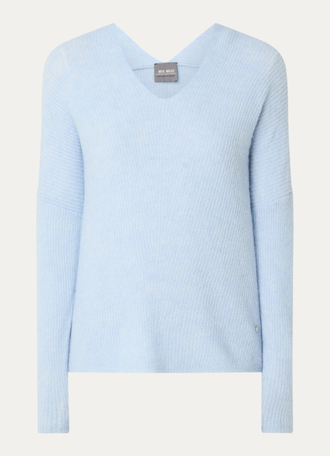 Mos Mosh MMThora fijngebreide pullover in alpaca wolblend met V-hals - voorkant skyway / lichtblauw