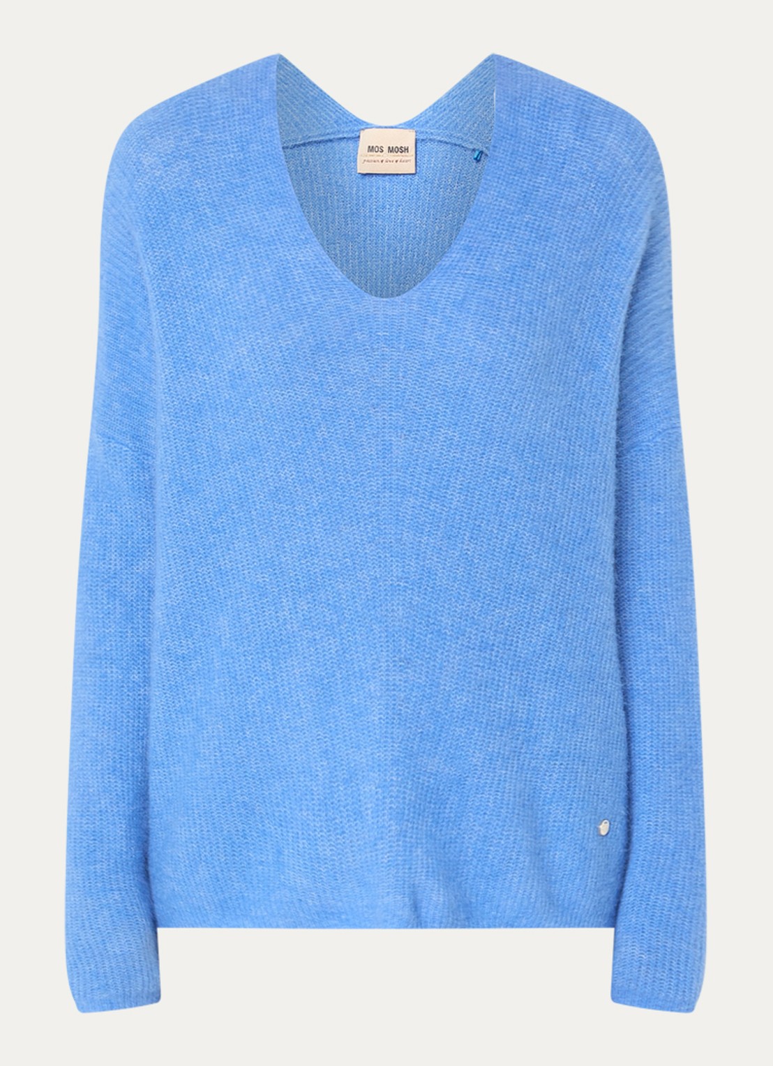 Mos Mosh MMThora fijngebreide pullover in alpaca wolblend met V-hals - voorkant 2 ultramarine / kobaltblauw